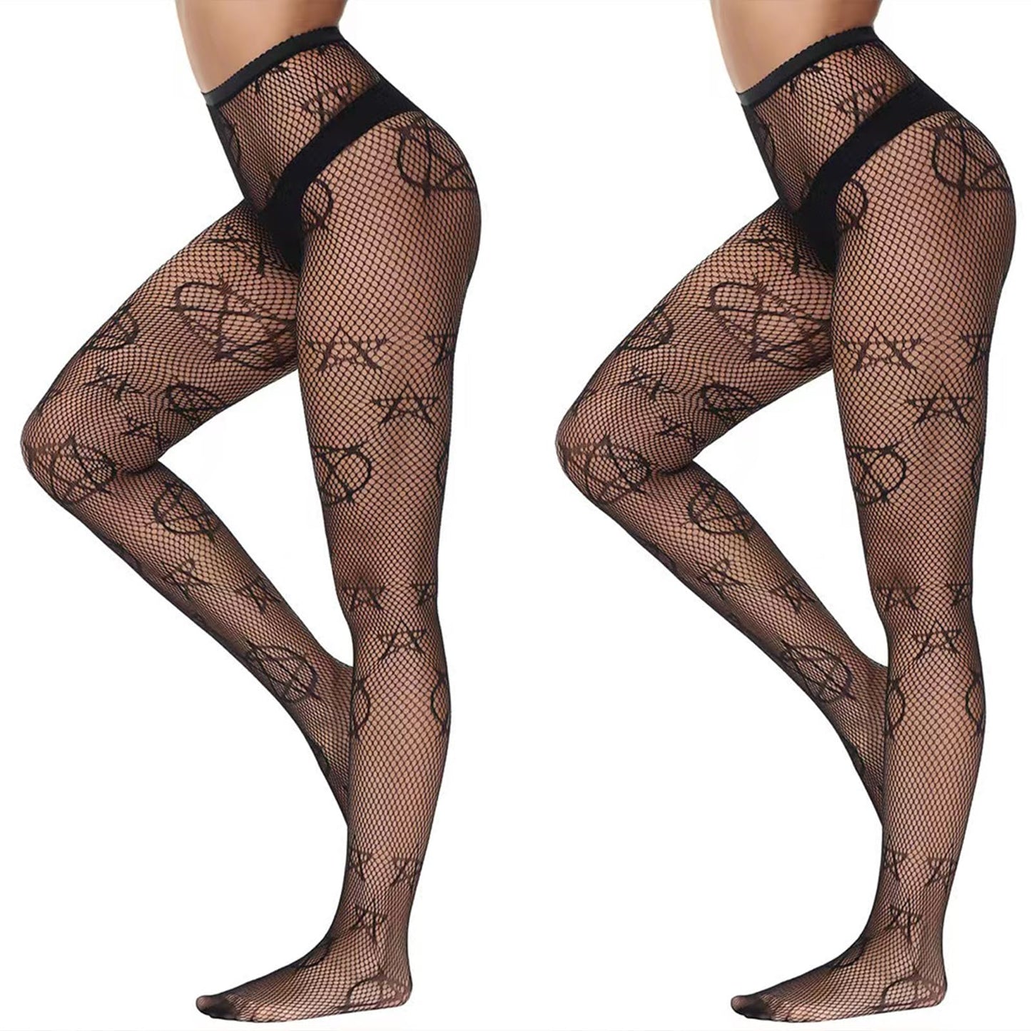 Women's Patterened Fishnet Tights - 2pcs High Waist Floral Fishnet Stocking