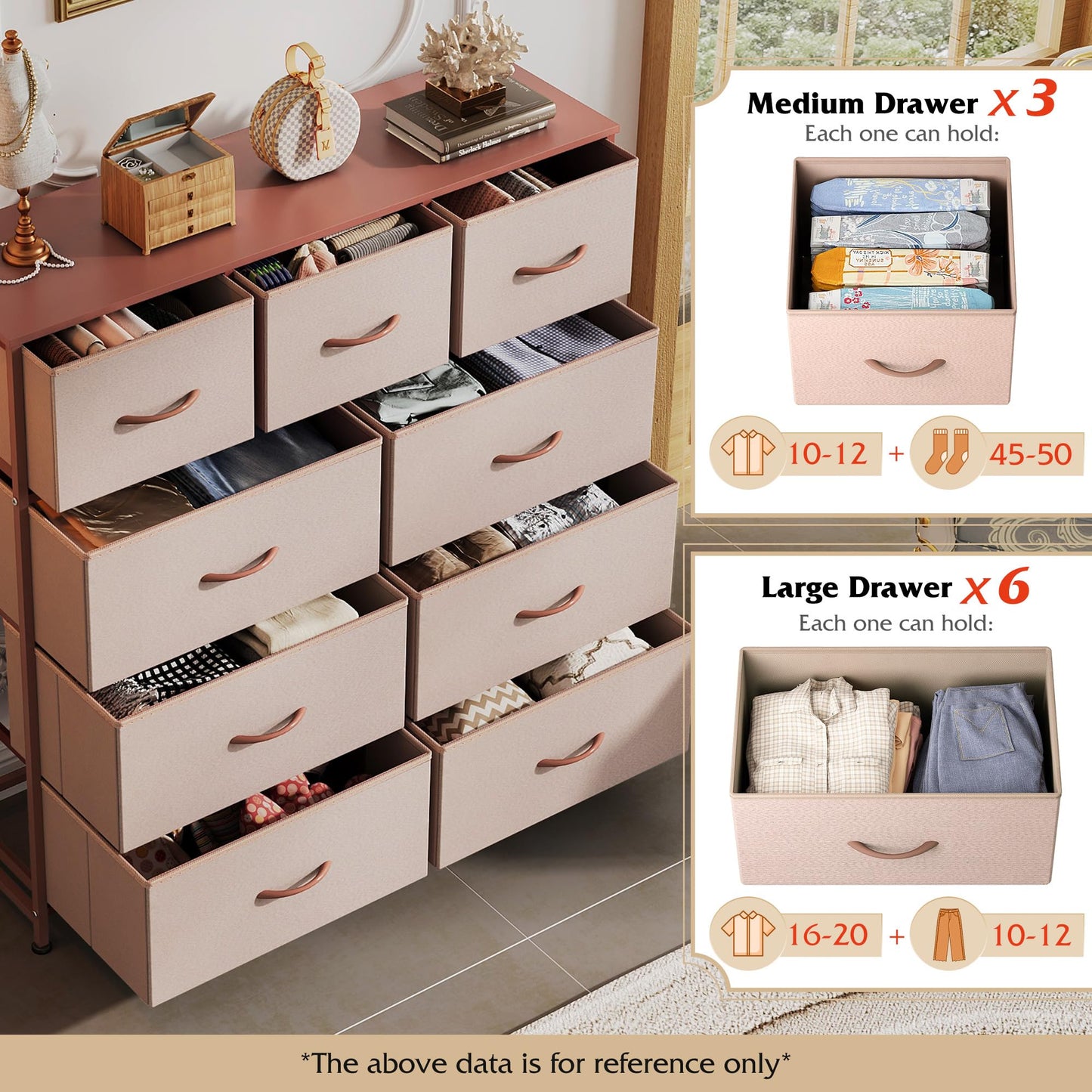 Drawer Fabric 9 Dresser – Tall Storage Tower with Bins, Steel Frame, and Wood Top