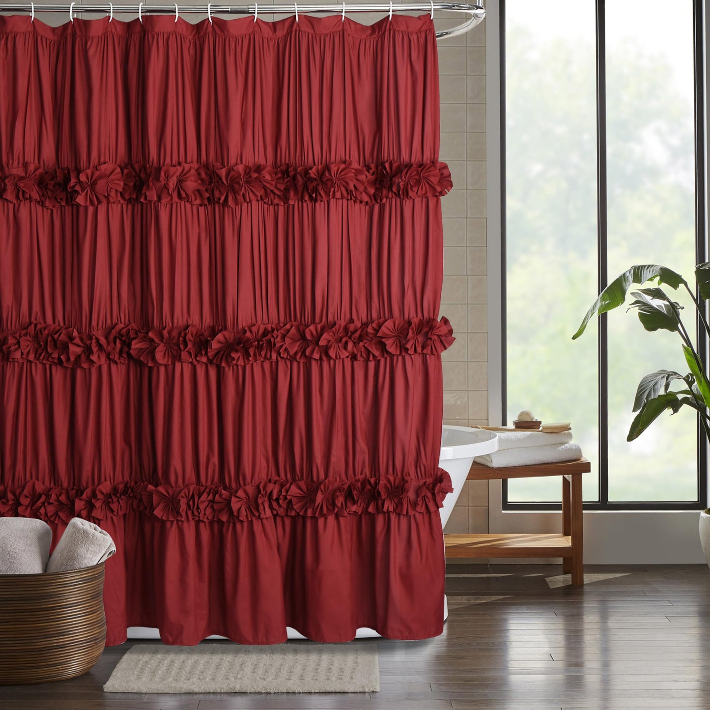 Victorian Bow Tie Ruffle Shower Curtain, with 12 Buttonholes, 72" W x 72" H, White (LQ-10)