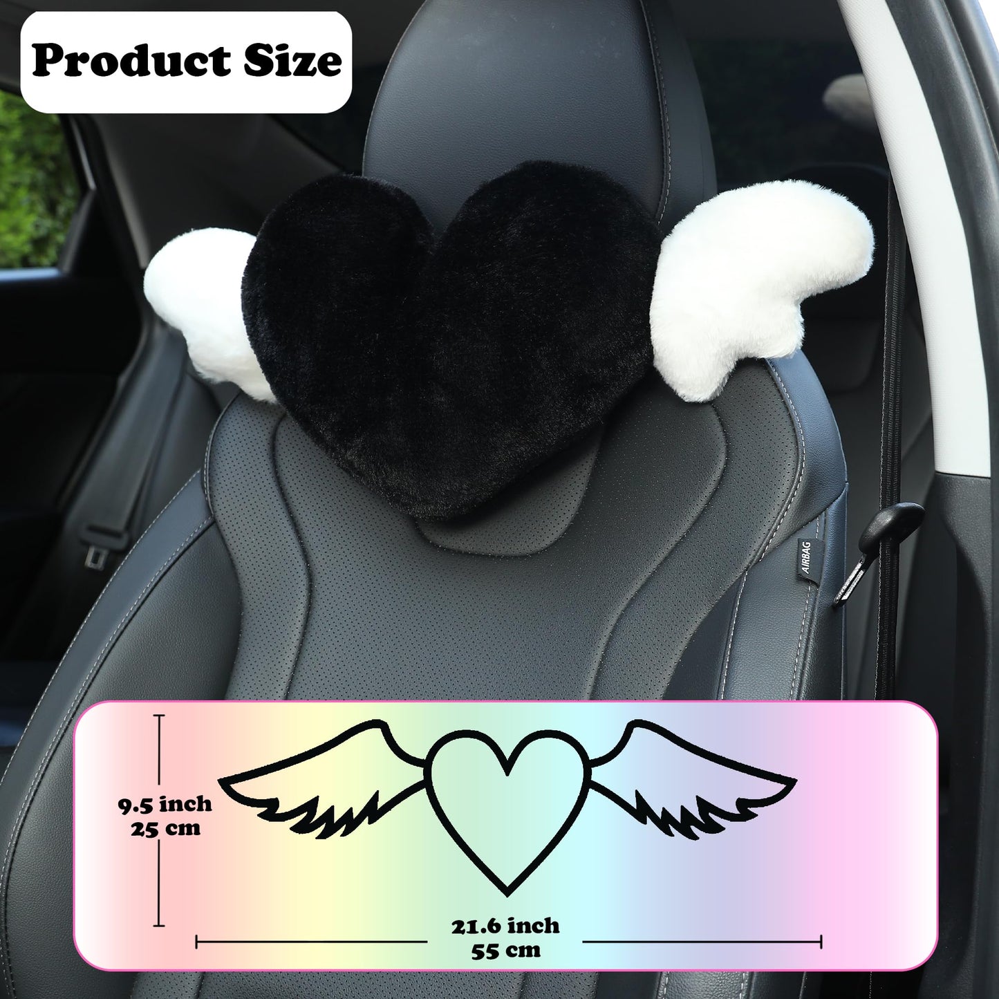 Heart Shaped Cute Car Headrest Pillow with Angel Wings - Comfortable Soft Head Rest Cushion Kawaii