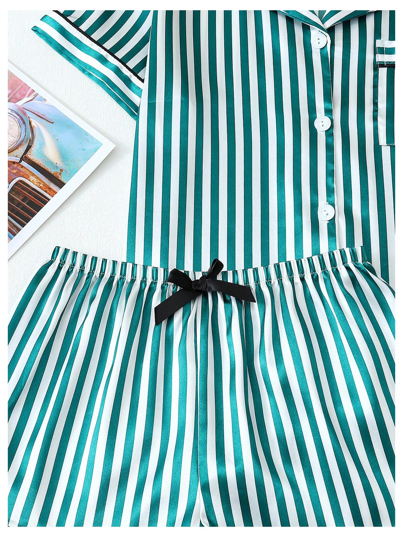 Coquette Bow Tie Women's 2 Piece Satin Striped Pajama Set Short Sleeve Button Down Top and Shorts Sleepwear