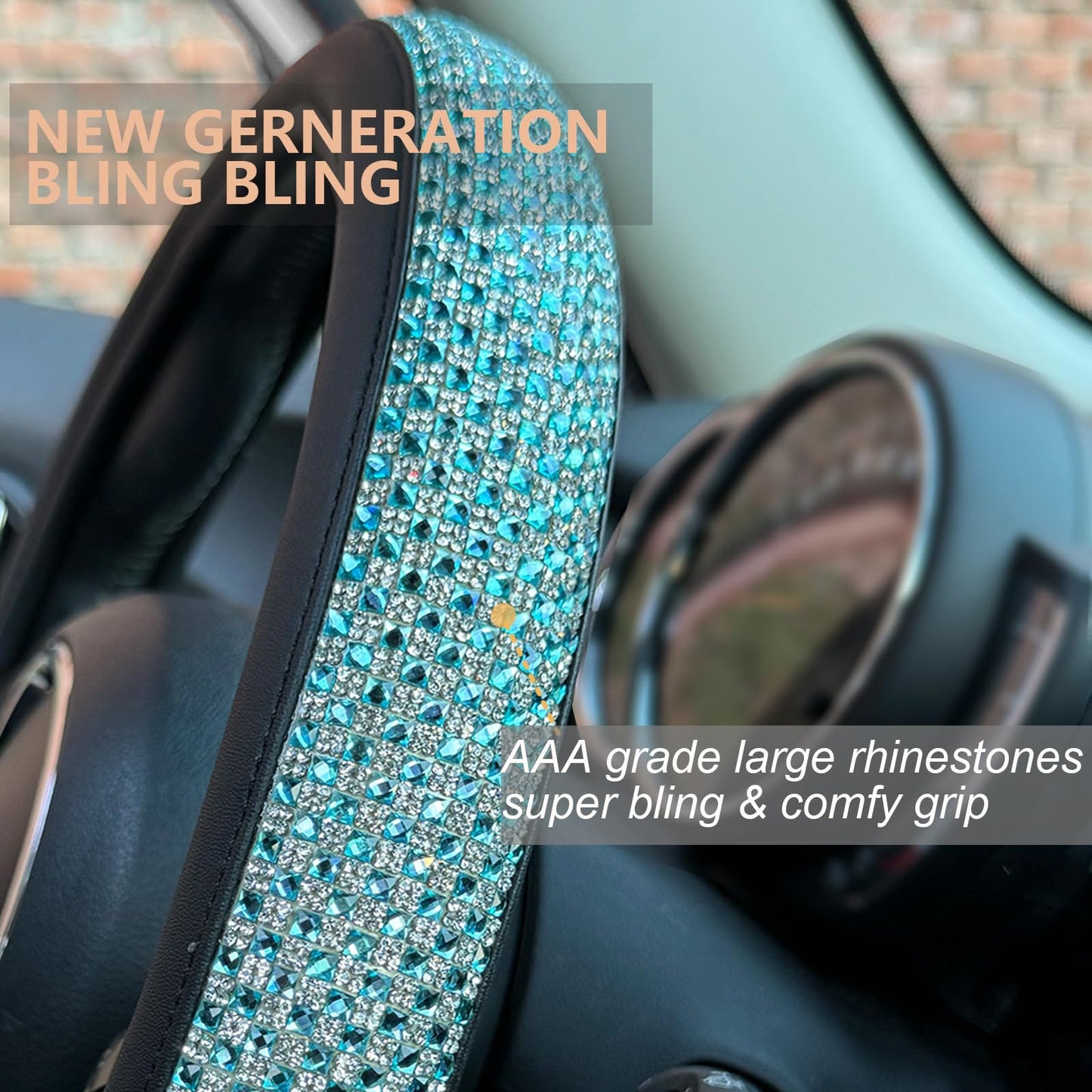 Universal Bling Bling Comfy Steering Wheel Cover with Jumbo Crystal Rhinestones, Anti-Slip Diamond Leather, 14.5-15 Inch