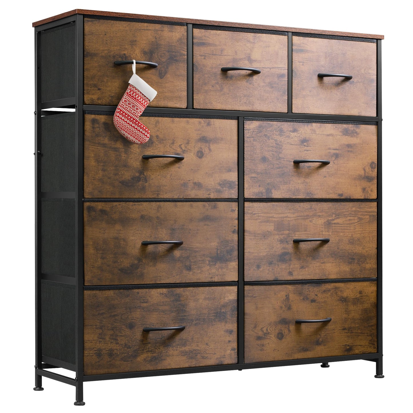 Drawer Fabric 9 Dresser – Tall Storage Tower with Bins, Steel Frame, and Wood Top