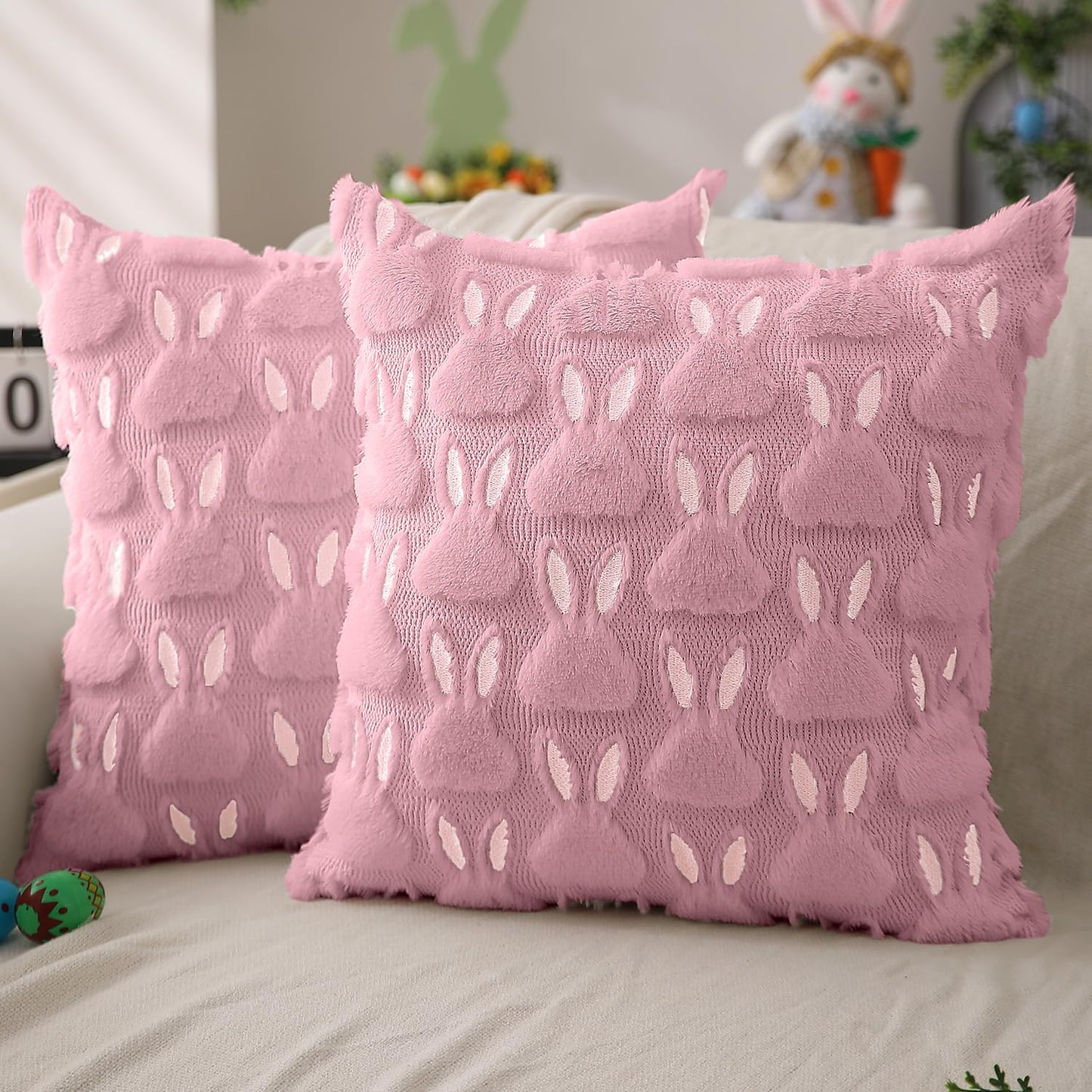 Easter Bunny Pillow Covers | Set of 2 Easter Soft Plush Faux Fur Jacquard Throw Pillows