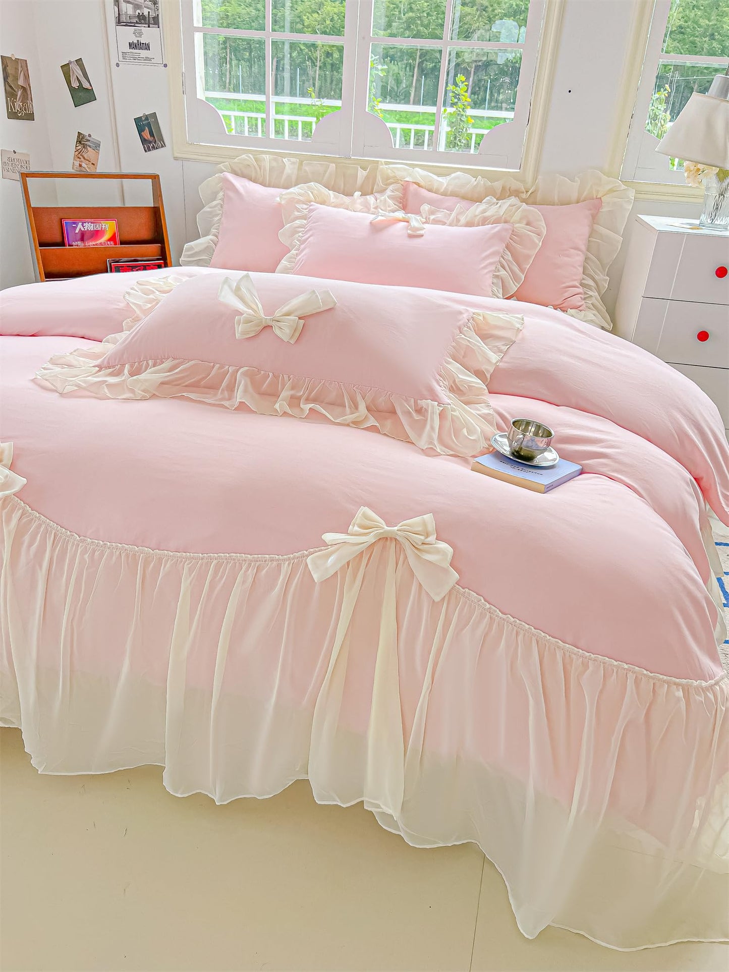 Princess Style Lace Bedding Comforter Cover Set, Chic Ruffled Duvet Cover with Lovely Bow, 1 Duvet Cover with 2 Pillowcases, No Comforter