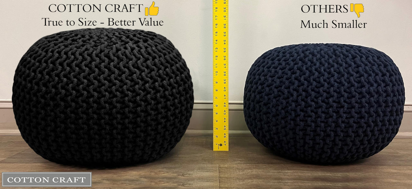 Hand-Knitted Cotton Round Pouf – Braid Cord Ottoman, Footrest, and Accent Seat for Living Room, Nursery, Kids Room, or Dorm Décor – 20x14