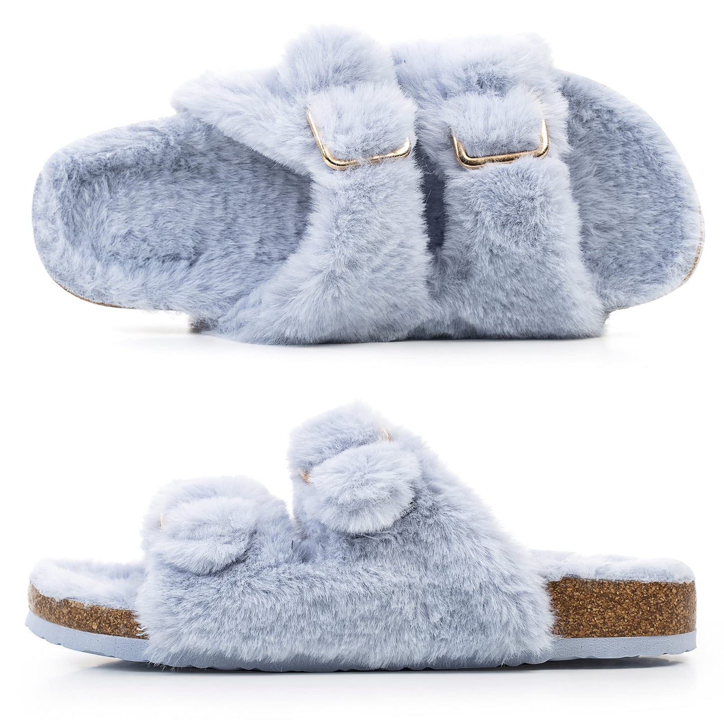 Womens Open Toe Slipper with Cozy Lining, Faux Fur Slide Sandals