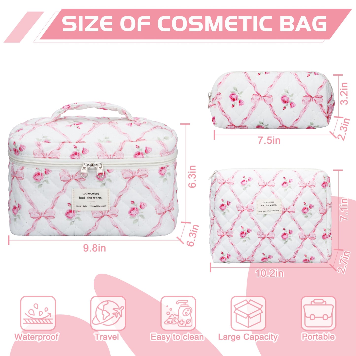 Quilted 3-Piece Makeup Bag Set – Large Coquette Aesthetic Cotton Cosmetic and Travel Toiletry Organizers