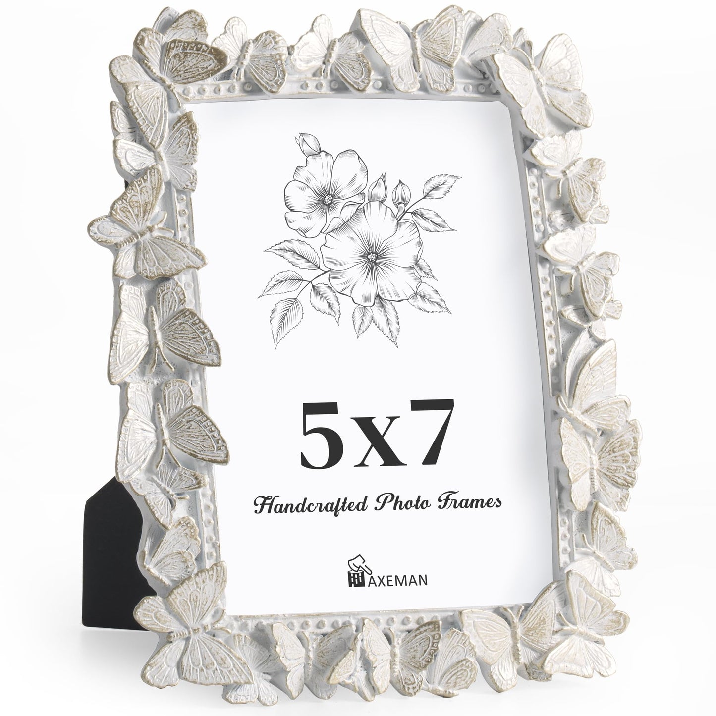 Picture Frame with High Tempered Glass, Butterfly Textured Hand-Crafted Resin Cute Photo Frame with Easel & Hook for Tabletop & Wall Display