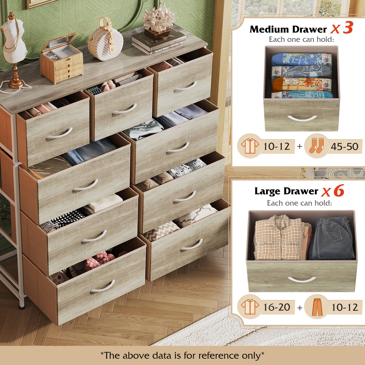 Drawer Fabric 9 Dresser – Tall Storage Tower with Bins, Steel Frame, and Wood Top