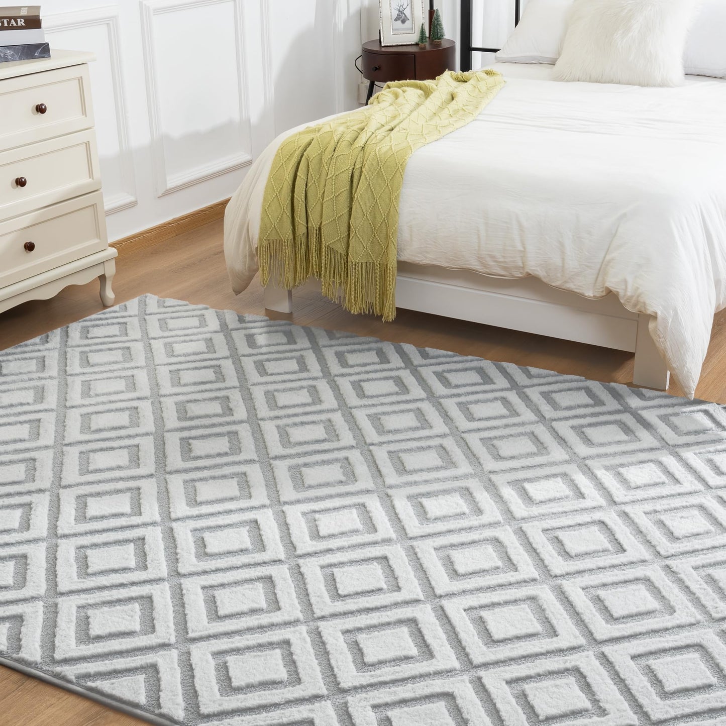 Geometric Memory Foam Rugs - Fluffy Checkered Shaggy Area Rug, Non-Slip Washable Modern Indoor Carpet