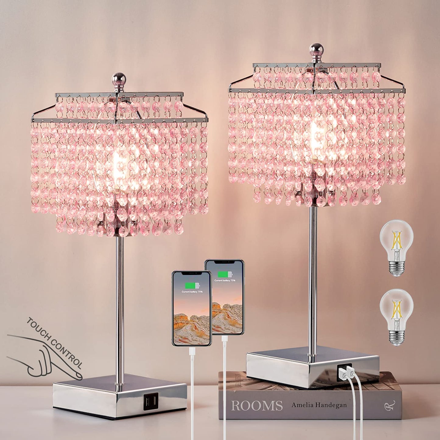 Luvkczc Set of 2 Bedside Pink Crystal Table Lamp, Touch Control Crystal Lamp, 3-Way Dimmable Lamp with Crystal Shade for Bedroom, Girl Living Room, 6W B11 Bulb Included