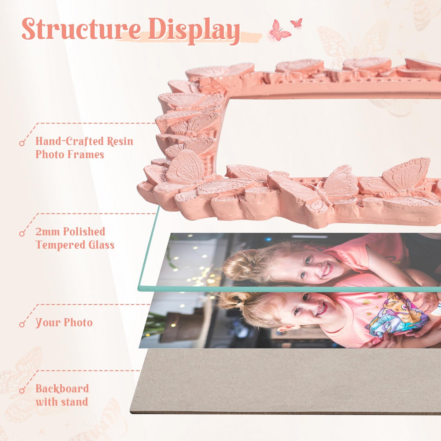 Picture Frame with High Tempered Glass, Butterfly Textured Hand-Crafted Resin Cute Photo Frame with Easel & Hook for Tabletop & Wall Display