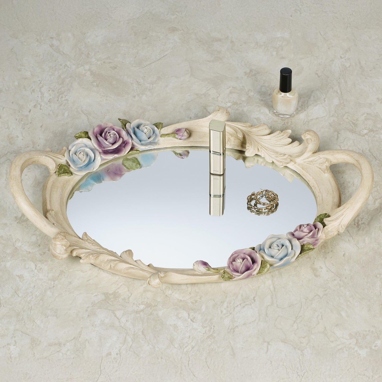 Rose Antique Charming Floral Mirrored Vanity Tray Purple and Blue on Ivory