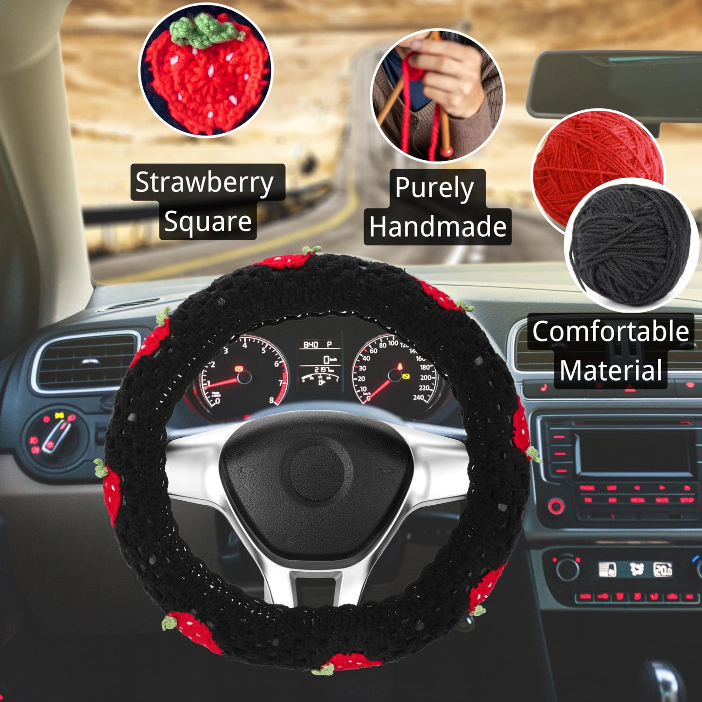 Pink Strawberry Granny Square Pattern - Crochet Steering Wheel Cover Set