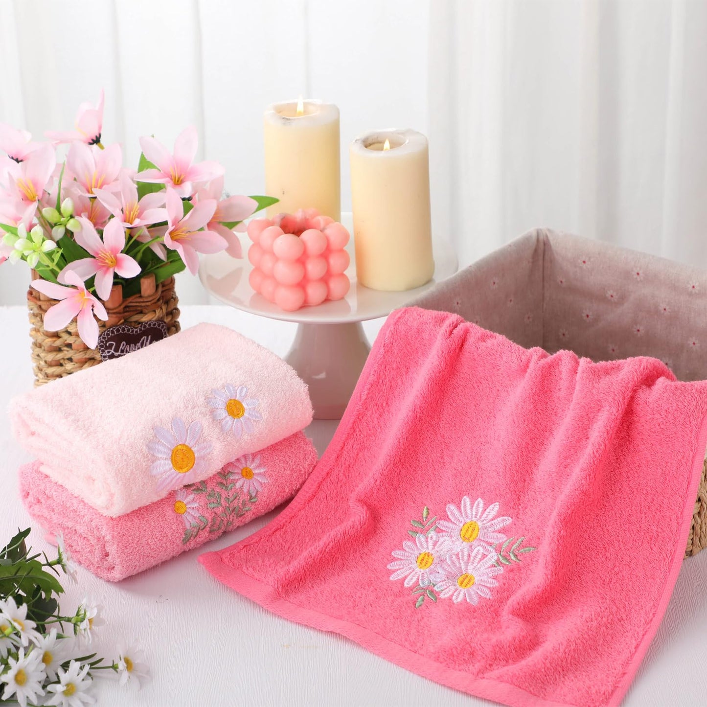 Embroidered Floral Hand Towels - Cute Summer Flowers Cotton Soft Absorbent Towels