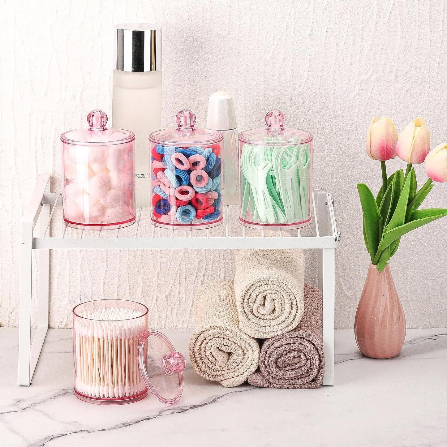 Pink Apothecary Jar – Q-Tips Holder & Cotton Swab Dispenser for Bathroom Storage