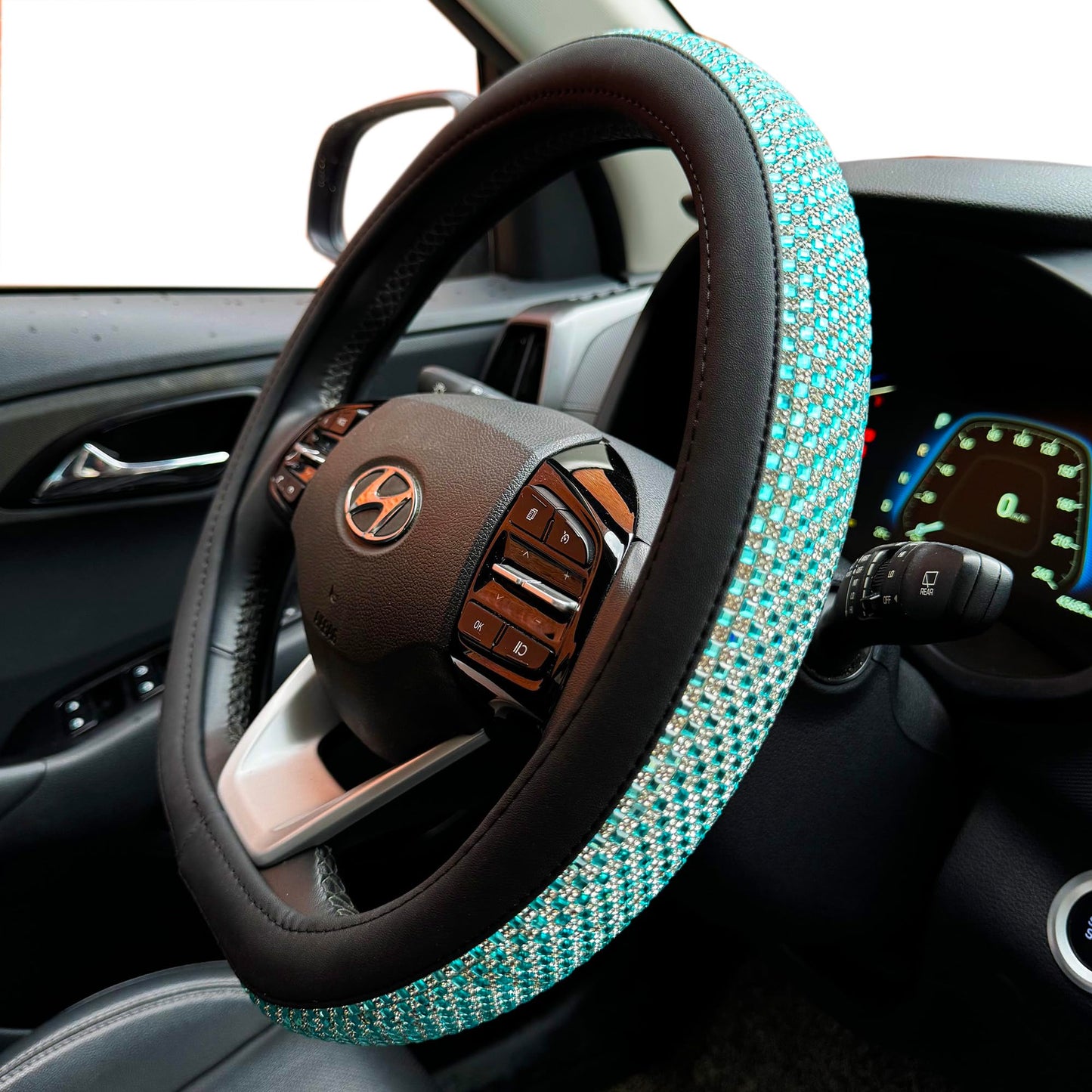 Universal Bling Bling Comfy Steering Wheel Cover with Jumbo Crystal Rhinestones, Anti-Slip Diamond Leather, 14.5-15 Inch