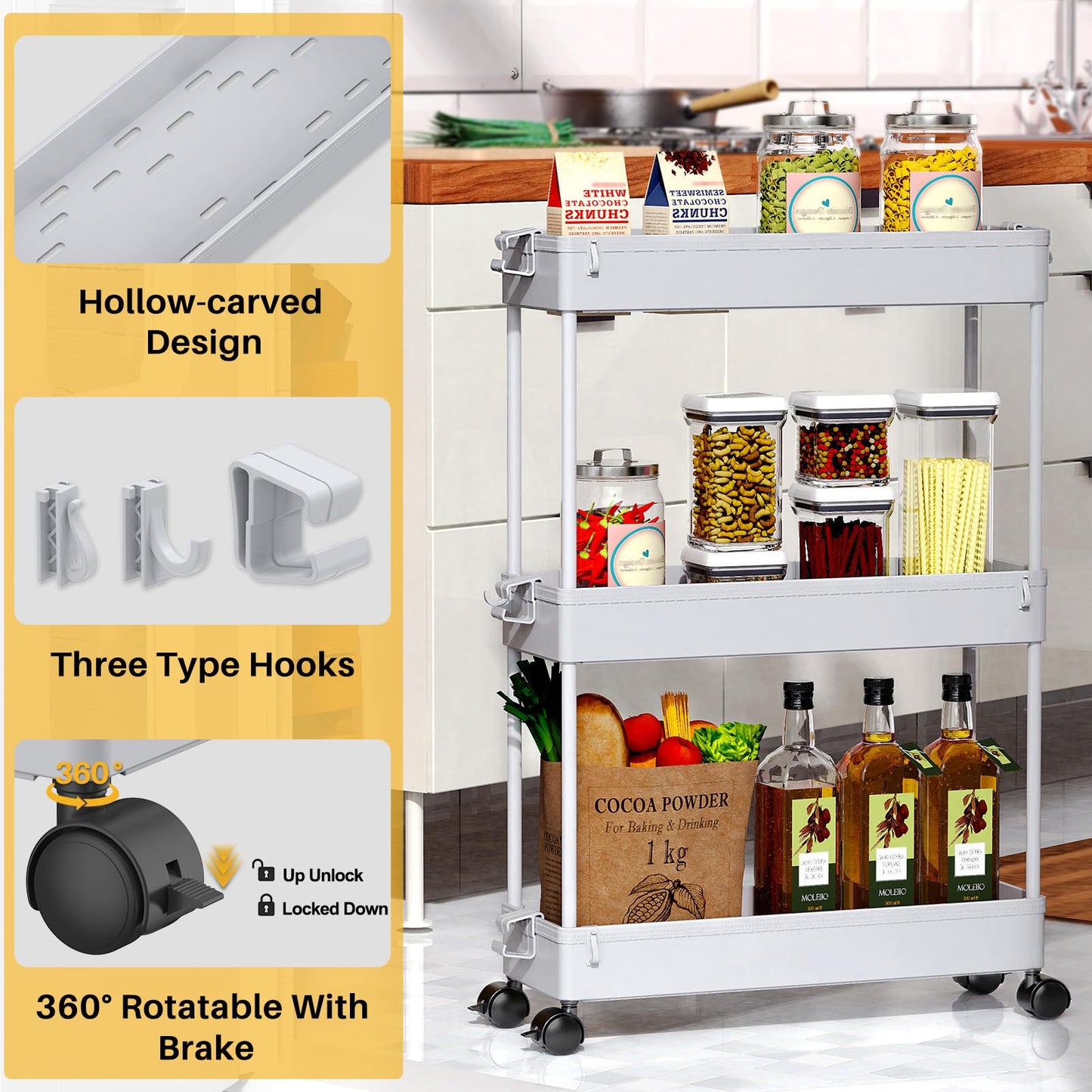 Slim Rolling Storage Cart, 3 Tier Bathroom Organizer