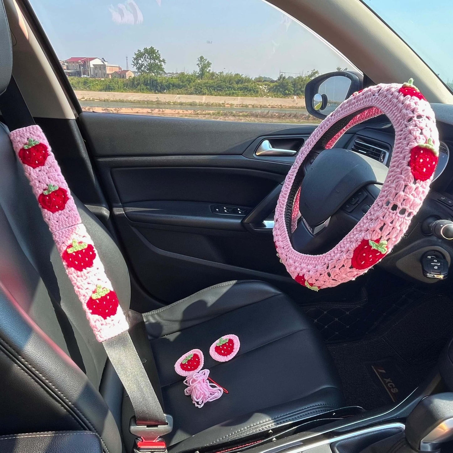 Pink Strawberry Granny Square Pattern - Crochet Steering Wheel Cover Set