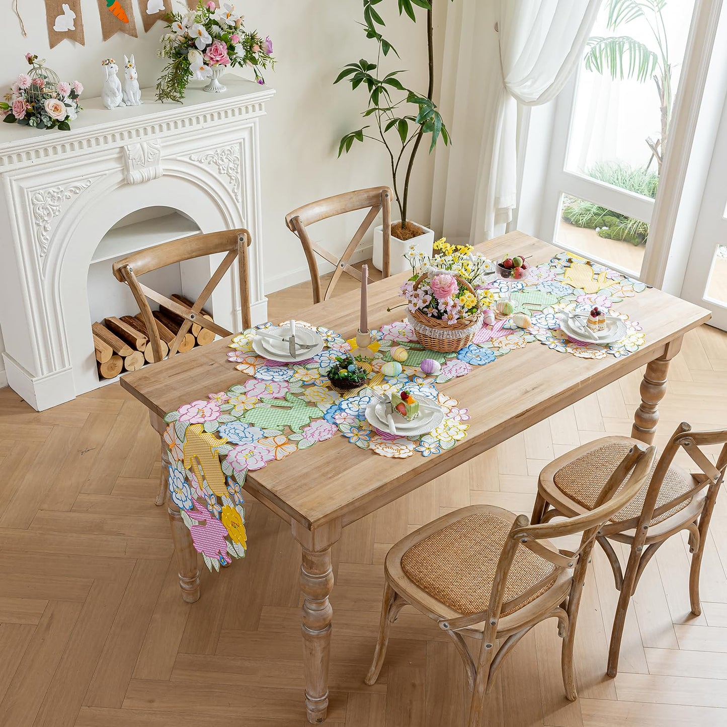 Cutwork Embroidered Plaid Easter Rabbits Florals Table Runners, Placements Dining Home Table Decorations