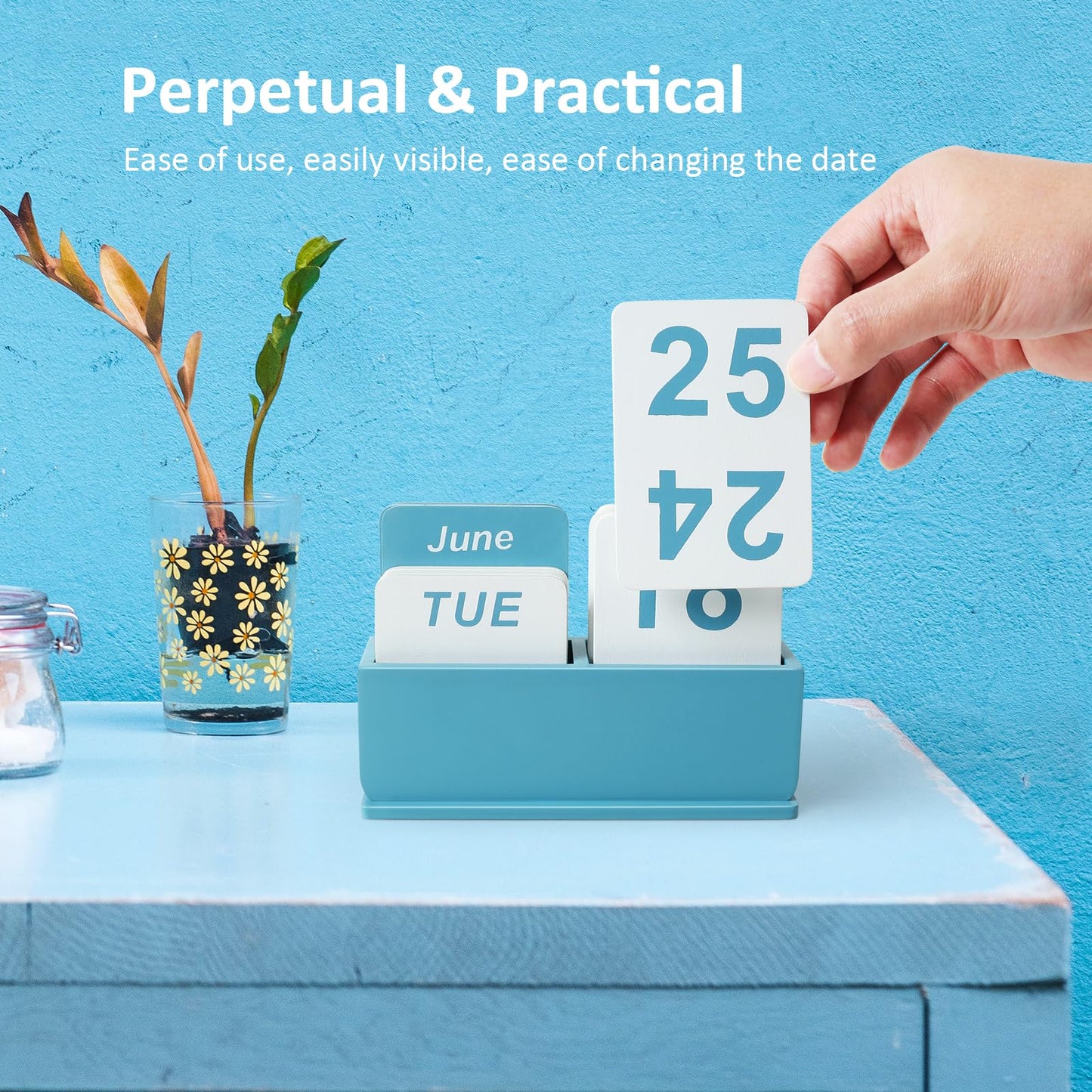 Wooden Block Perpetual Calendar for Desk, Daily Desktop Standing Flip Calendar with Large Display