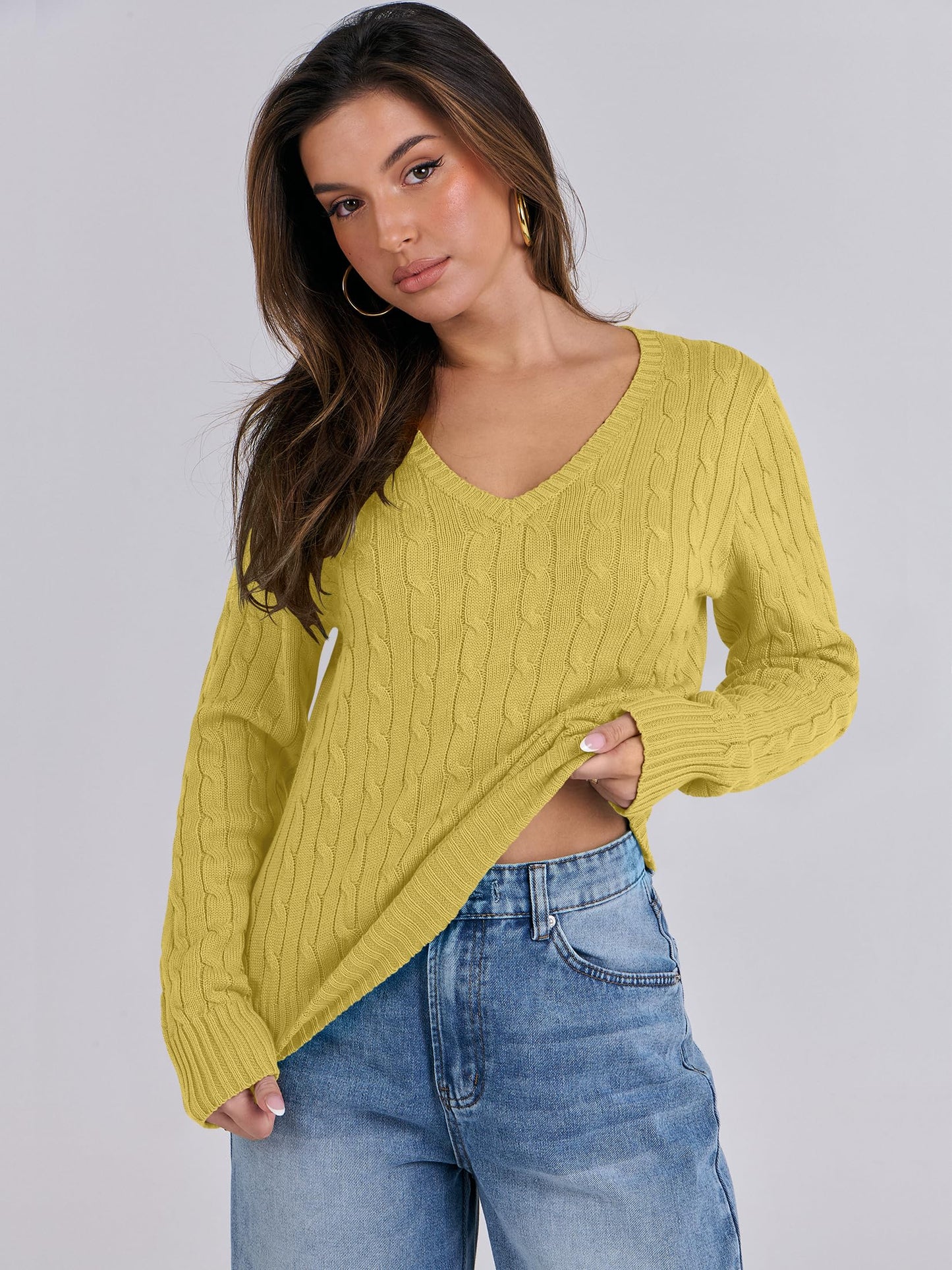 Women's Long Sleeve V Neck Cable Knit Sweater Jumper