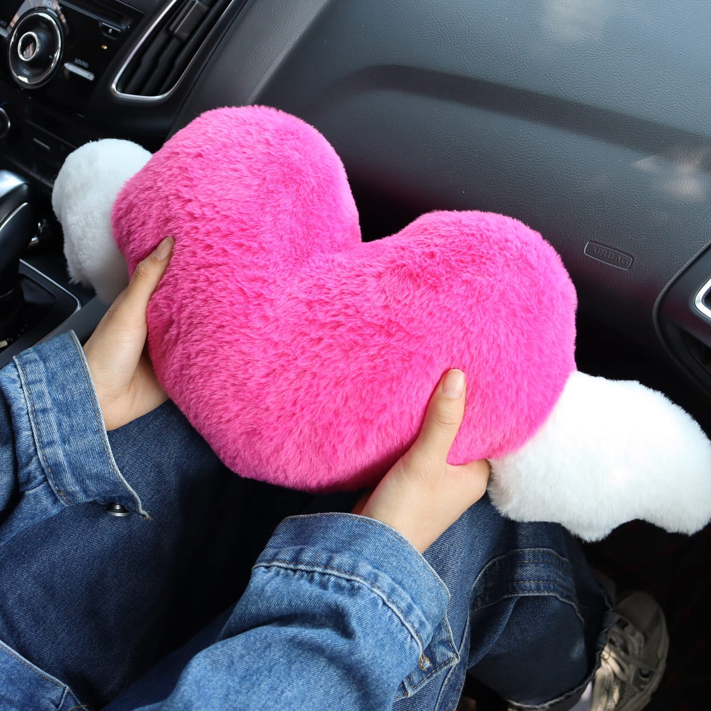 Heart Shaped Cute Car Headrest Pillow with Angel Wings - Comfortable Soft Head Rest Cushion Kawaii