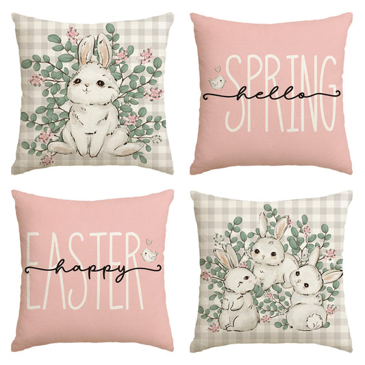 Happy Easter Buffalo Plaid Rabbit Throw Pillow Cover, Hello Spring Cushion Case Decoration for Sofa Couch Set of 4