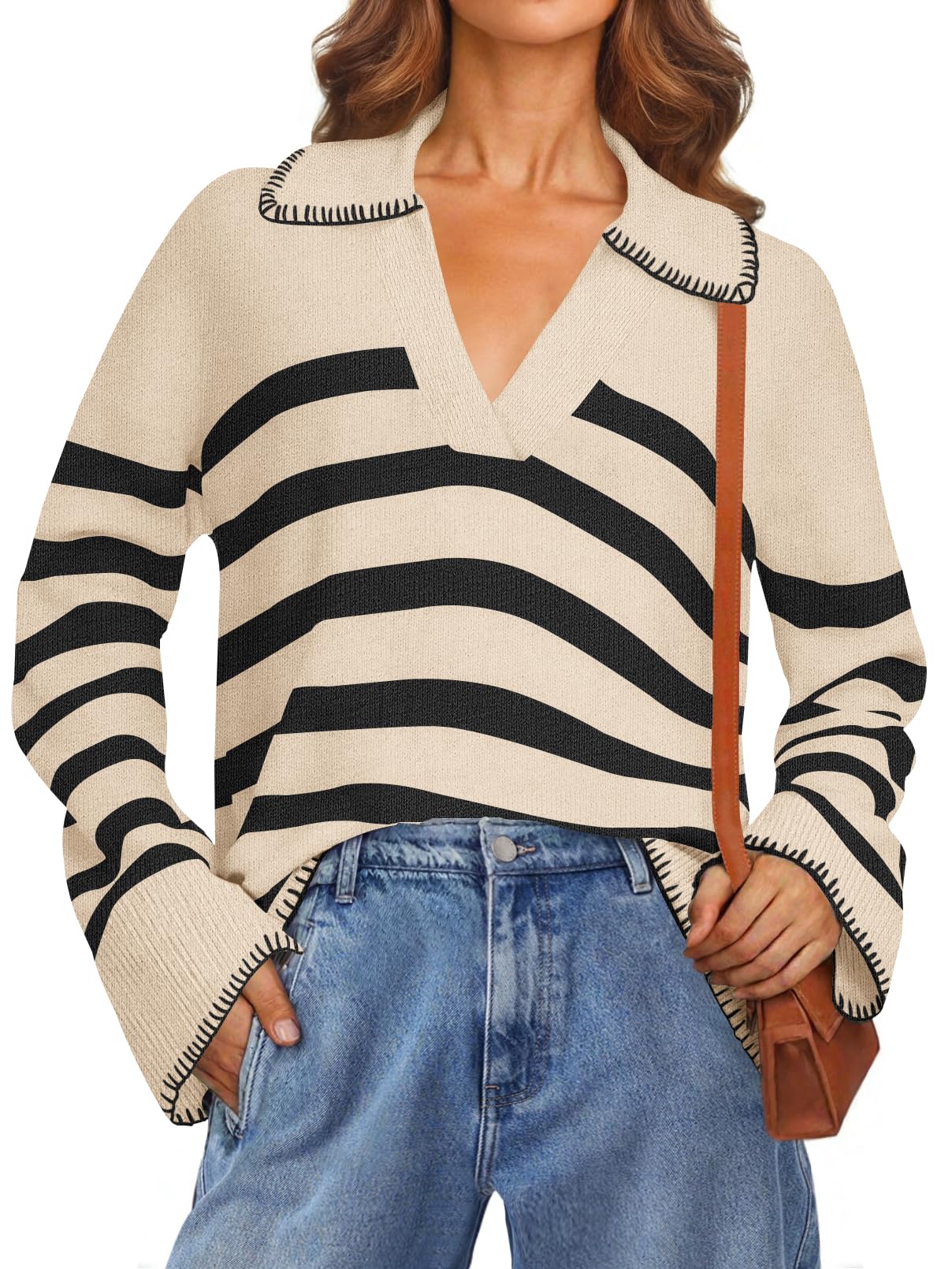 Women's Oversized Striped Sweater Collared V Neck Long Sleeve Knit Pullover