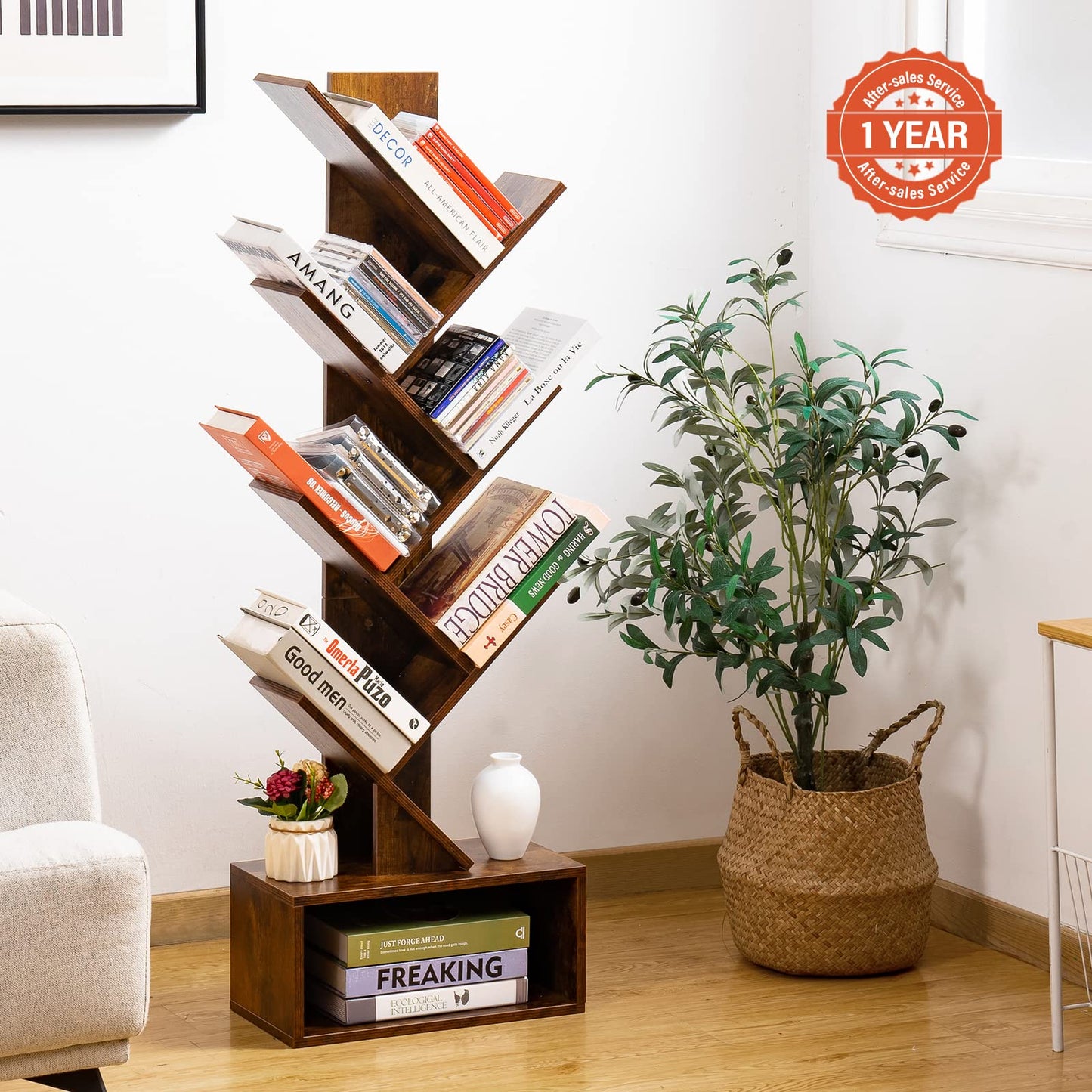 Tree Bookshelf - 6 Shelf Retro Floor Standing Bookcase, Tall Wood Book Storage Rack