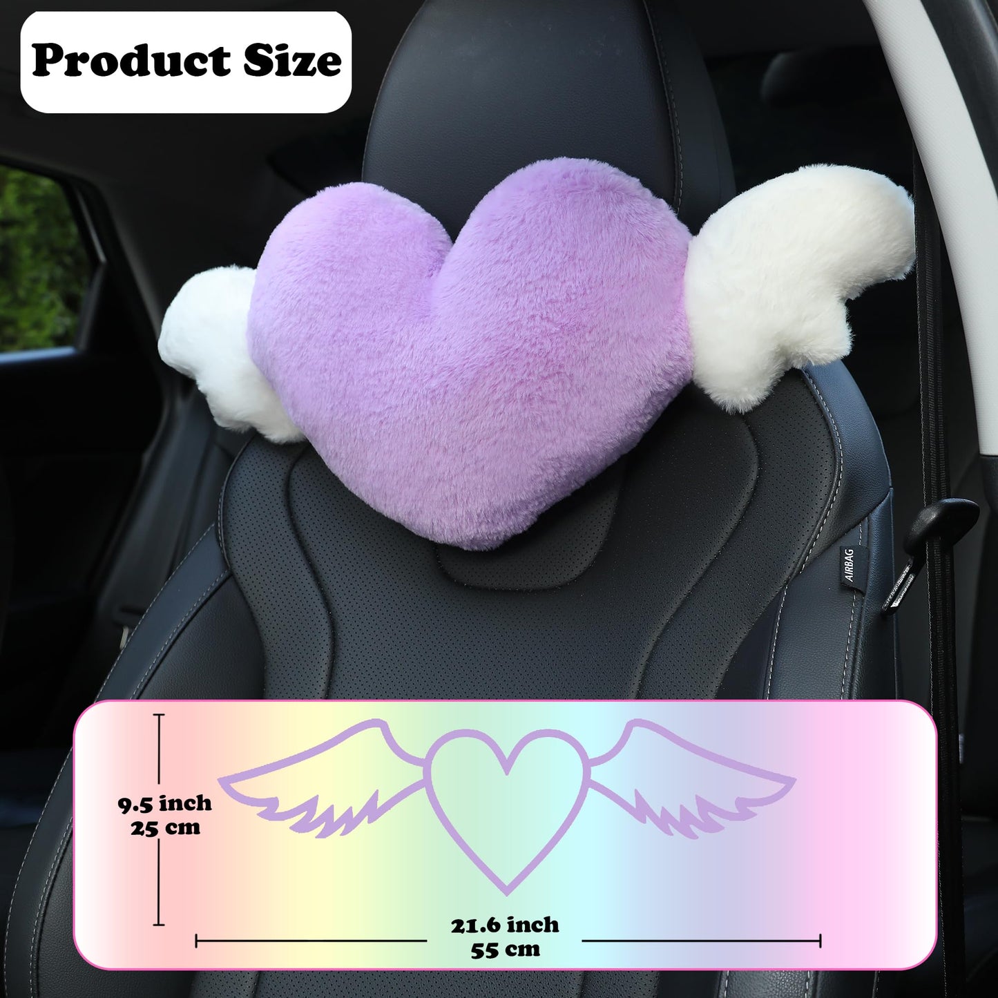 Heart Shaped Cute Car Headrest Pillow with Angel Wings - Comfortable Soft Head Rest Cushion Kawaii