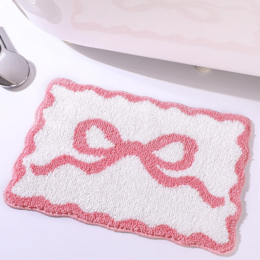 Cute Aesthetic Scalloped Bow Bathroom Mat Non Slip Coquette Bow Rug