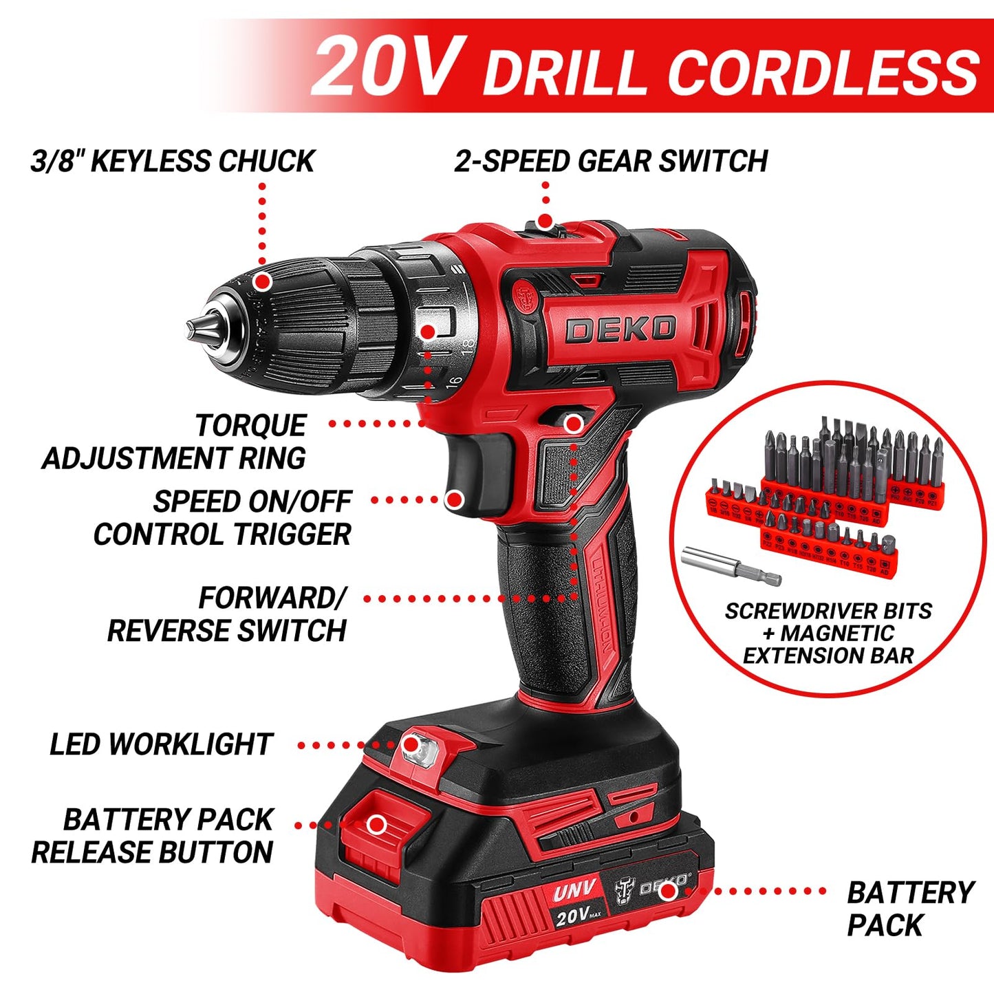 Cordless 20V Drill Tool Kit with Battery and Basic Hand Tools