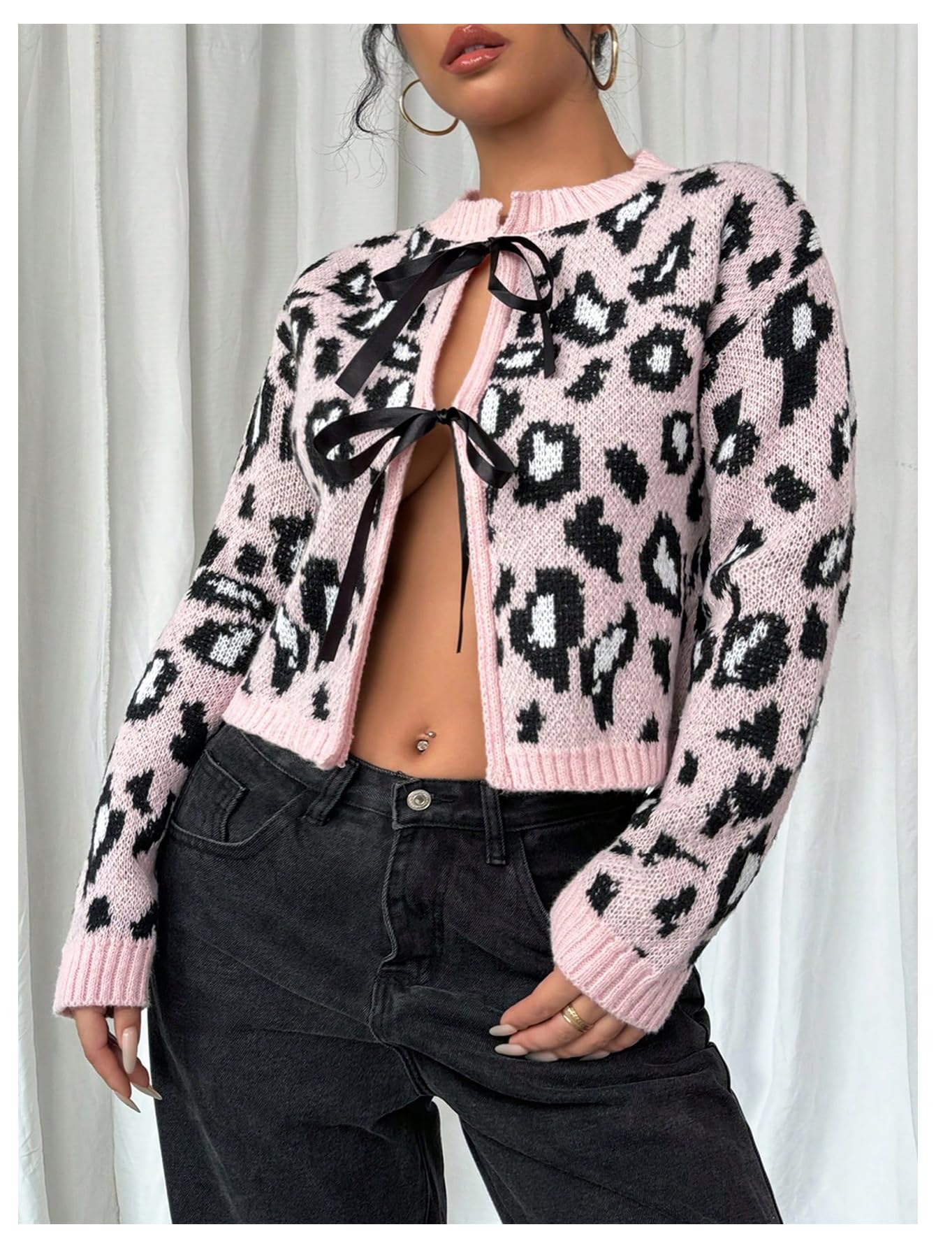 Women's Leopard Pattern Knot Front Cardigan Long Sleeve Round Neck Sweater