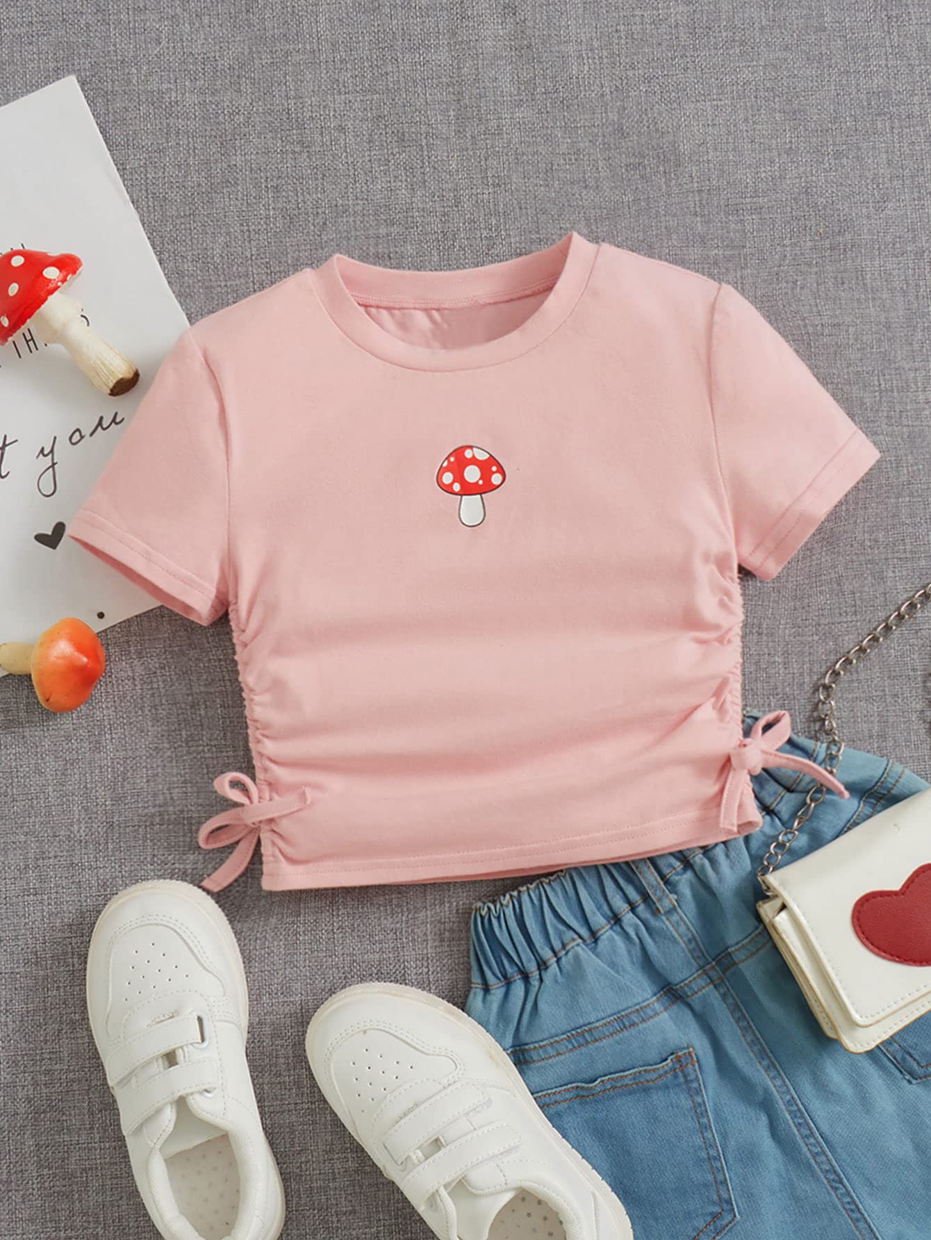 Girl's Mushroom Print Short Sleev Crop Tops Ruched Drawstring Tee T Shirts