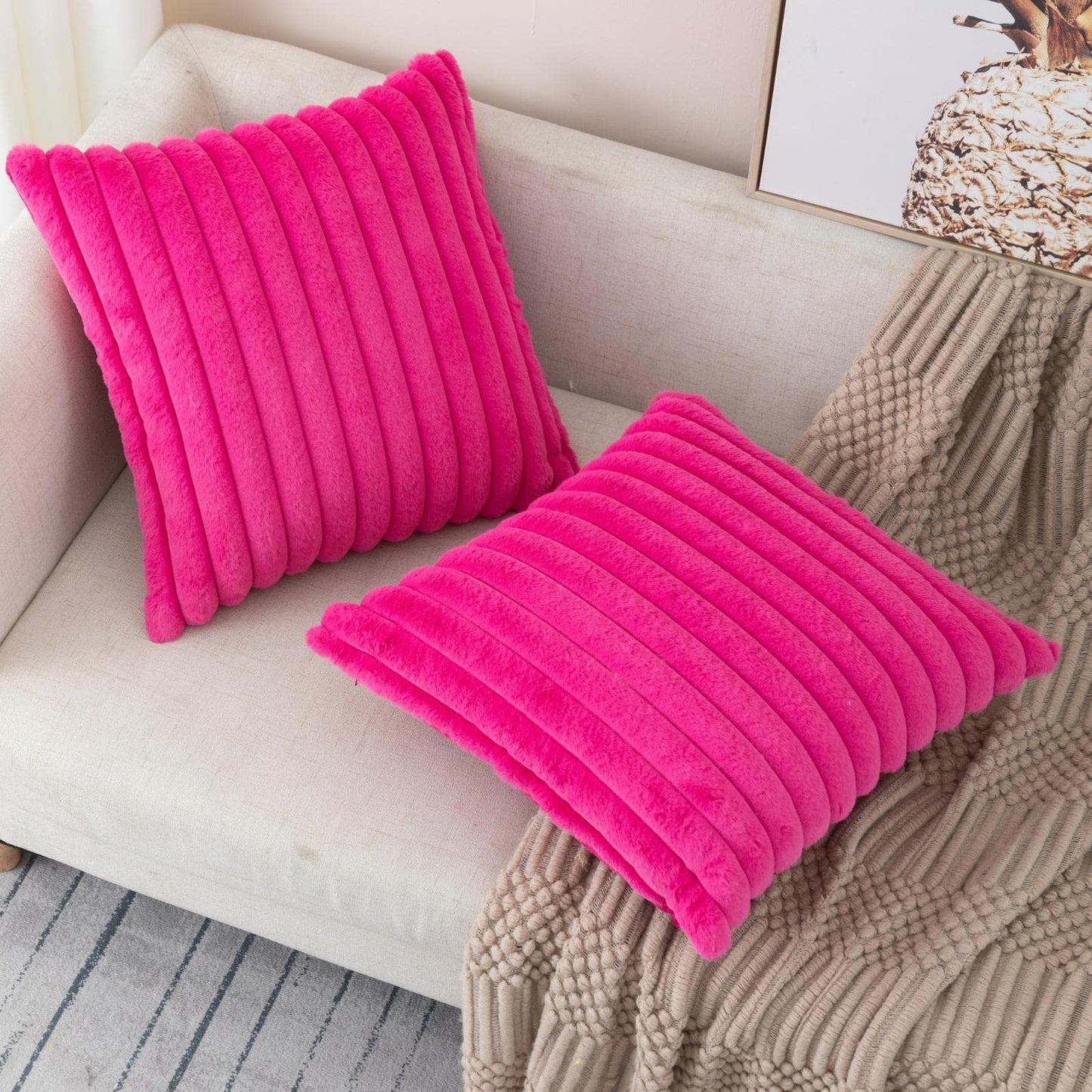 Set of 2 Fluffy Faux Fur Striped Pillow Covers – Decorative Cushion Cases