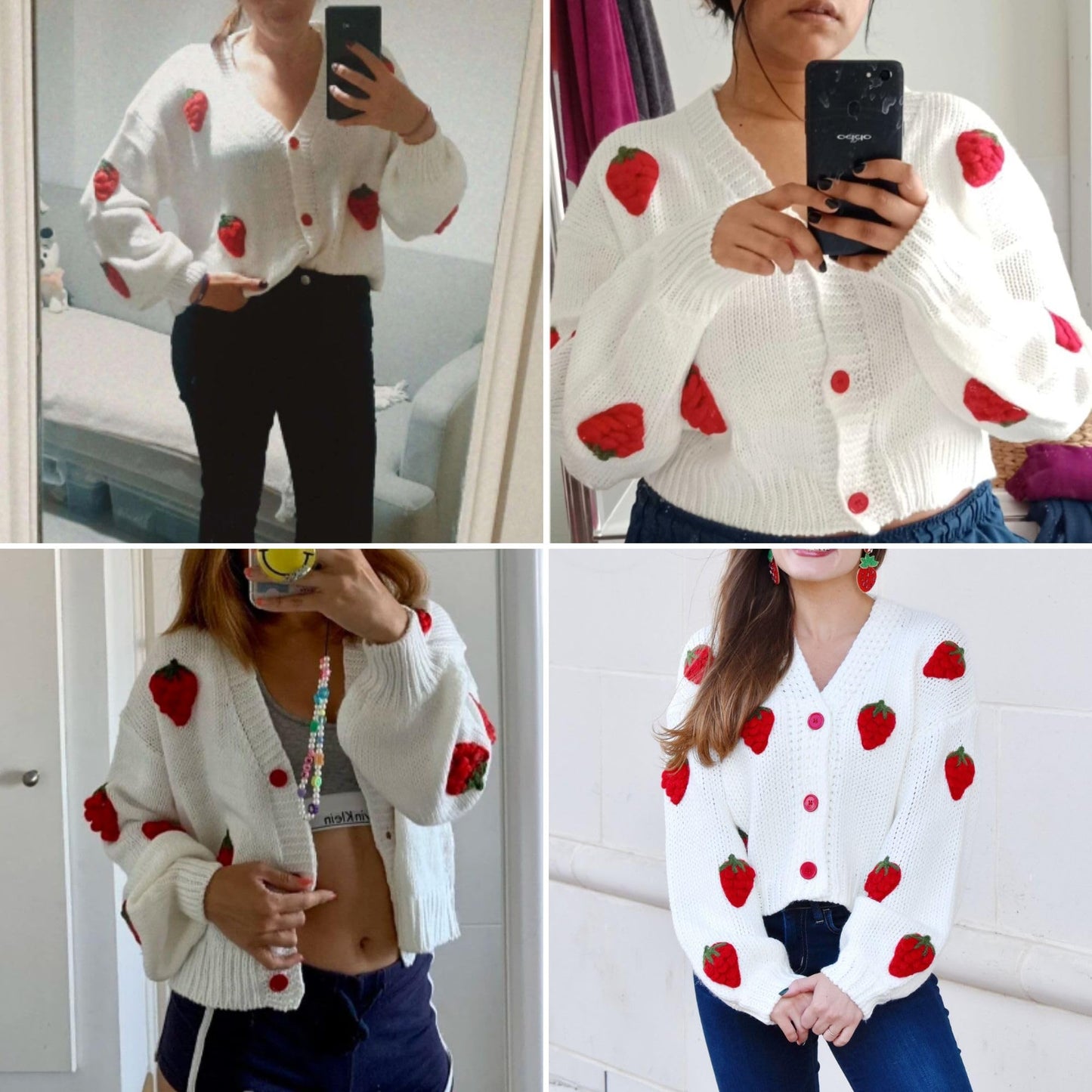 Women’s Kawaii Strawberry Embroidered Cardigan Long Sleeve V Neck Chunky Knitted Cardigans