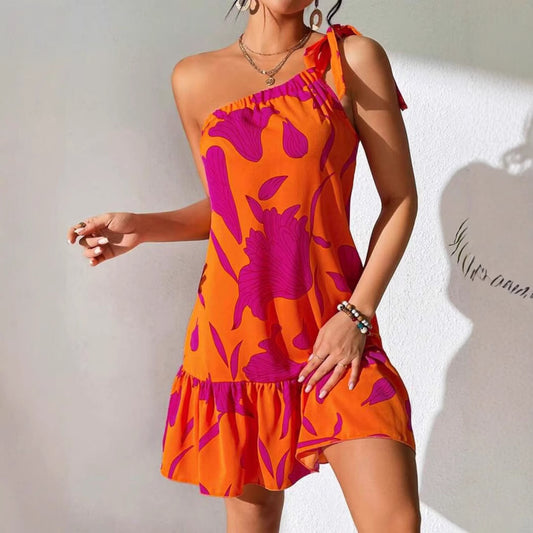 Women's Oblique Shoulder Strap Printing Dress