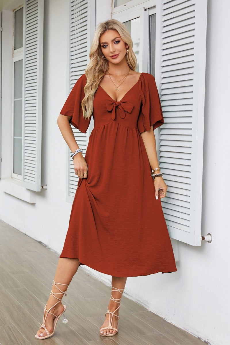 Women's Clothing Spring And Summer Bow V-neck Pleated Mid-length Short Sleeve Dress