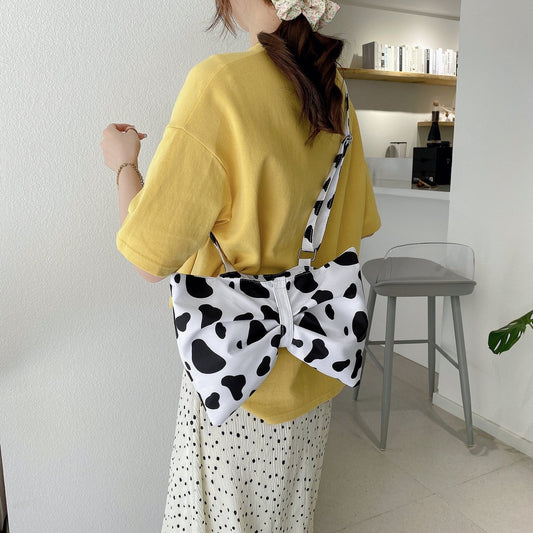 Large Bow Shoulder Bag For Girls Cute Cow Print Crossbody Bags Women Lovely Shopping Bags