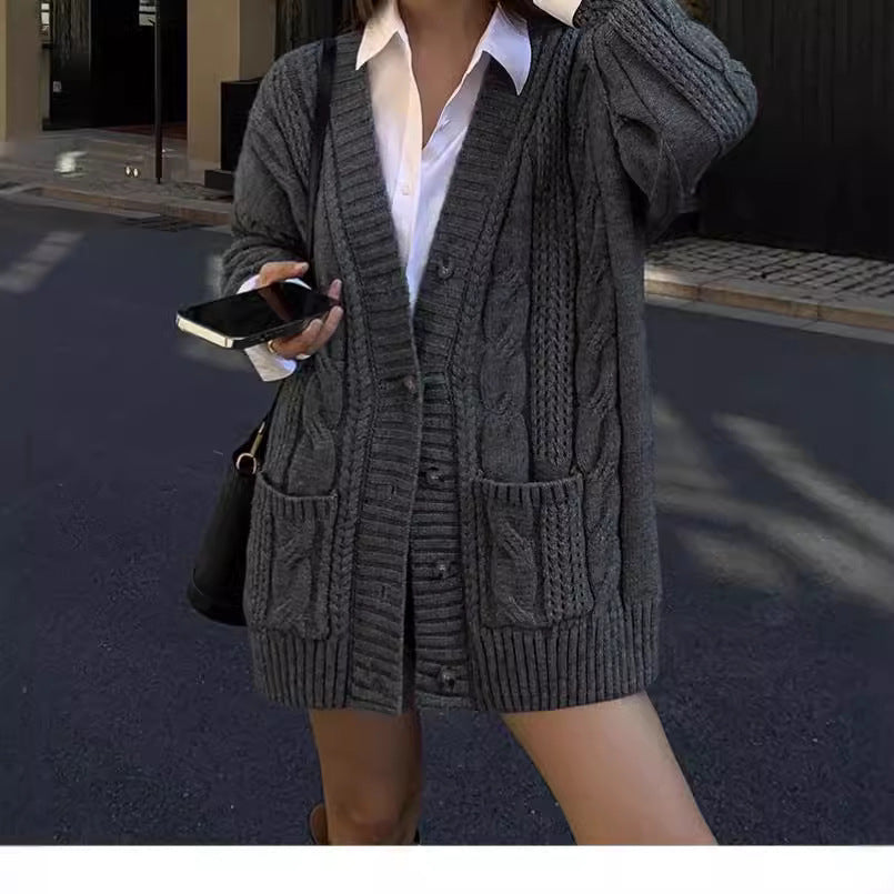 Solid Color Cable-knit Sweater Knitted Cardigan Jacket