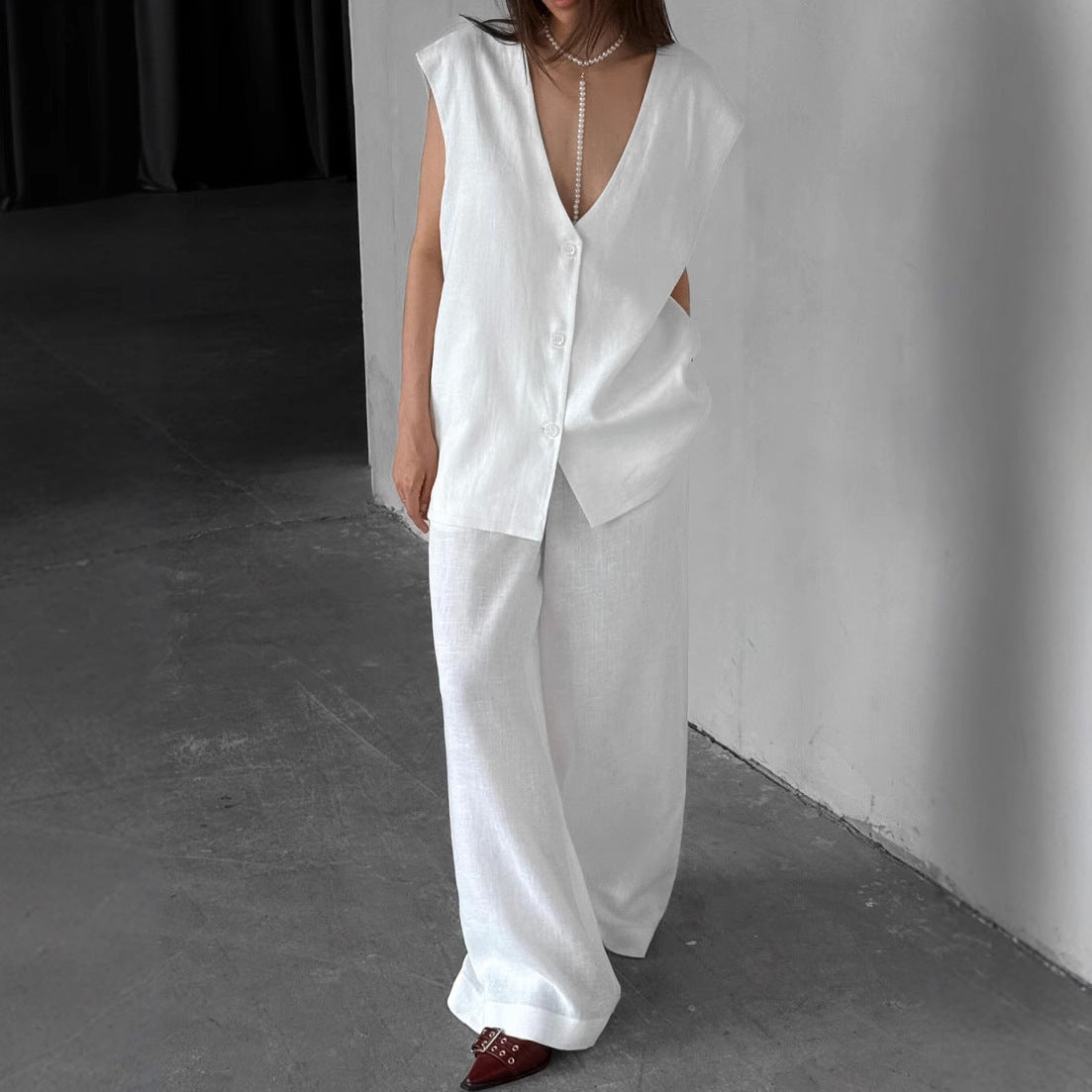 White V-neck Cotton And Linen Sleeveless Waistcoat Vest High Waist Pants Suit