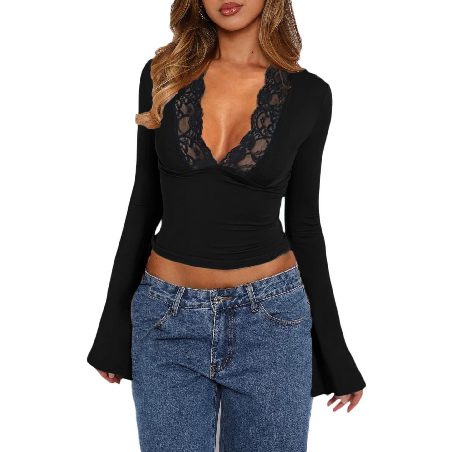 Slim V-neck Lace T-Shirt Fashion Trumpet Sleeve Long-sleeved Top