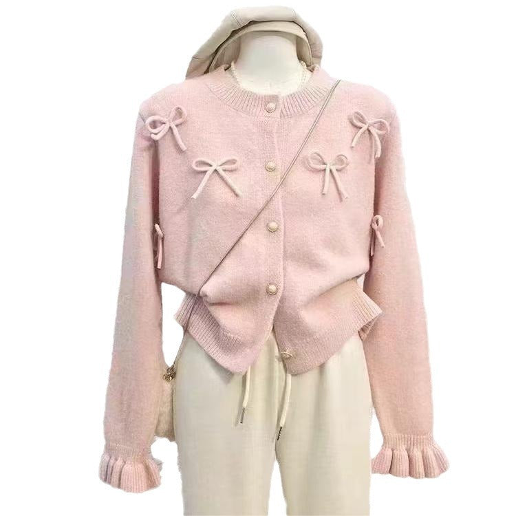 Design Bow Bell Sleeve Sweater Coat Sweet Knitted Cardigan