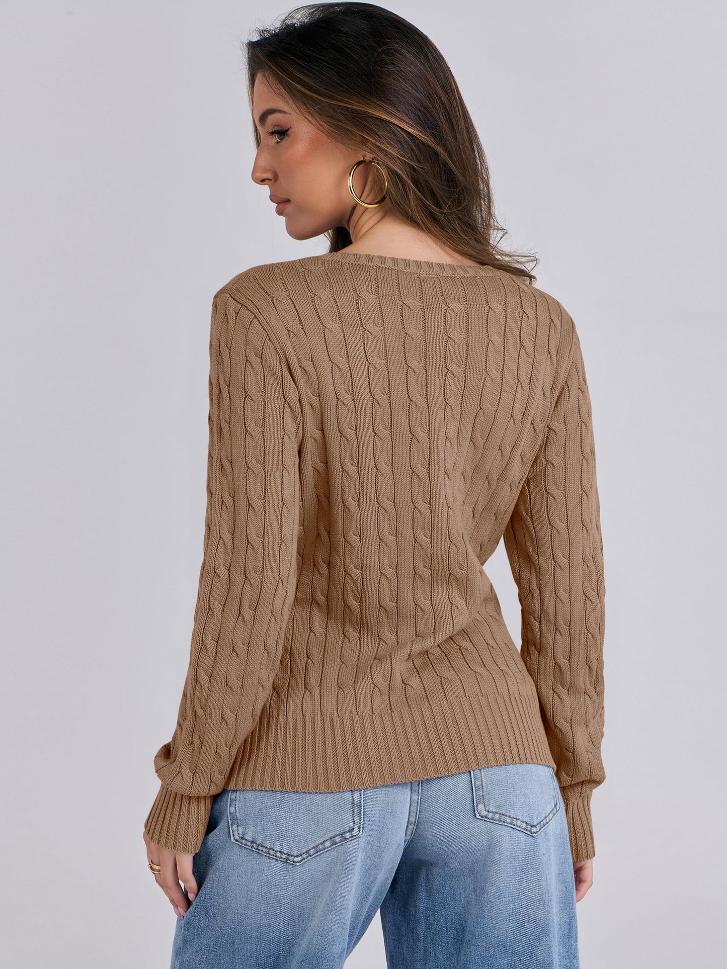 Women's Long Sleeve V Neck Cable Knit Sweater Jumper