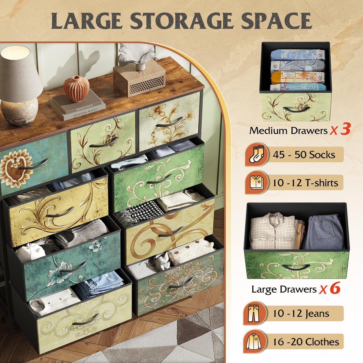 Drawer Fabric 9 Dresser – Tall Storage Tower with Bins, Steel Frame, and Wood Top