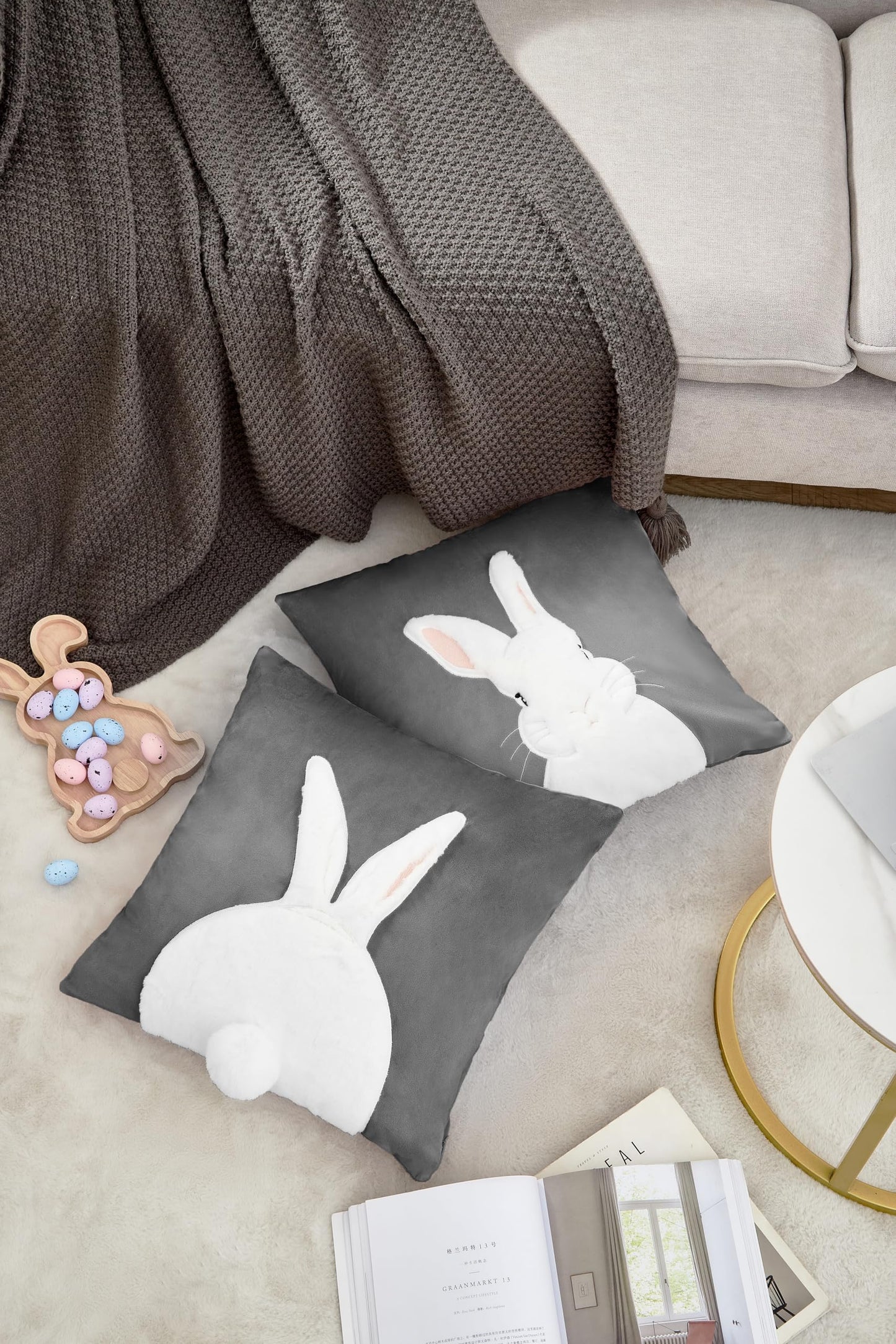 Embroidered 3D Bunny Rabbit Throw Pillowcase Velvet Spring Easter Pillow Covers