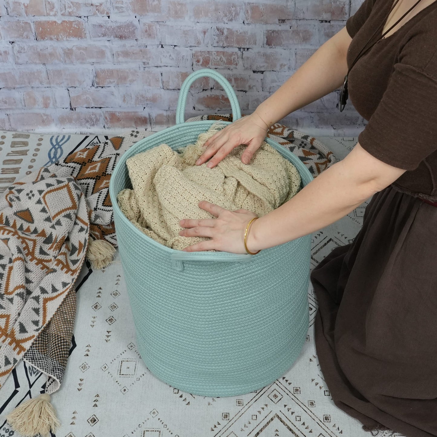 Cotton Boho Rope Laundry Basket – Woven Hamper for Blankets, Toys, and Nursery Storage