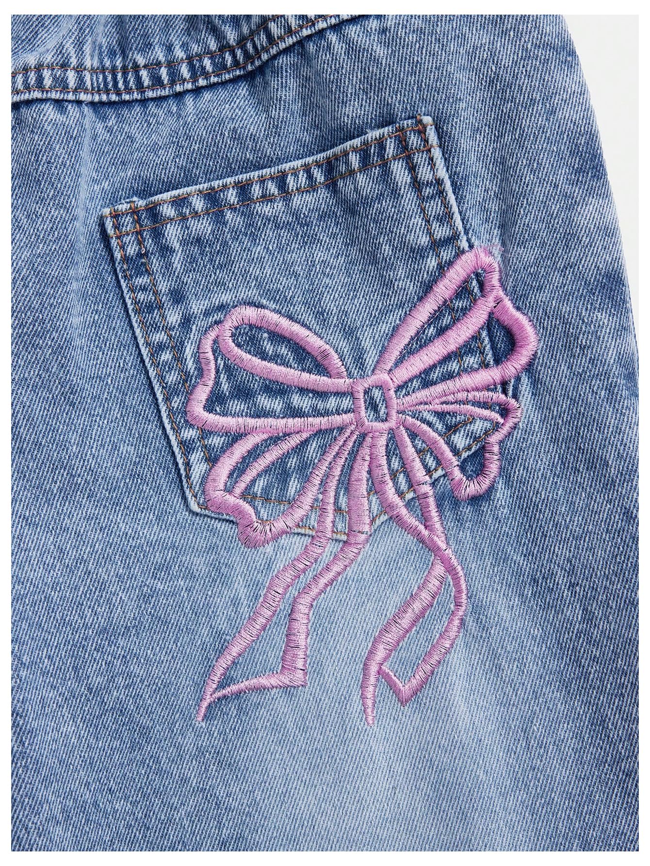 Girl's Bow Print Back Zipper Fly Elastic High Waist Denim Pants Basic Wide Leg Jeans